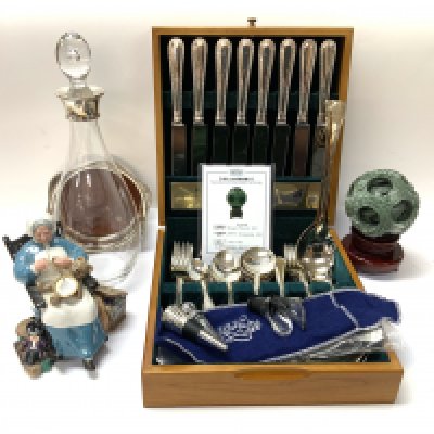 A mixed collection of odds to include cutlery set, silver topped glass decanter, Doulton Figurine etc, Jade carved ball in ball. (D)