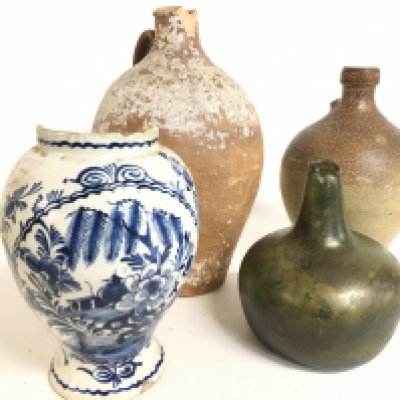 Antique stoneware jugs, bronze and metal figures, vintage compass collection, Coins and notes collection.