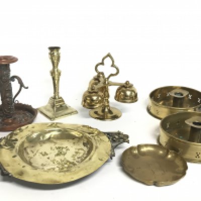 A collection of brass and copper items including dishes, candlesticks, candle holders etc. This lot cannot be postage category C. NO RESERVE