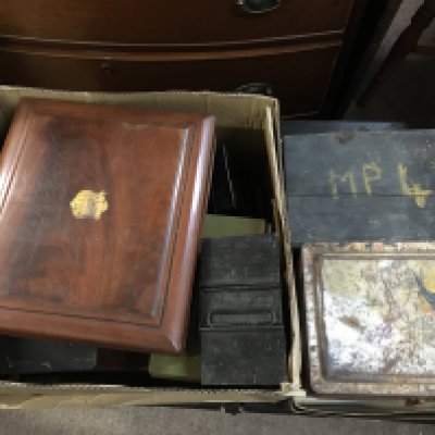 A collection of vintage boxes, tins and assorted odds including Victorian Knucklebones, cigarette cases.