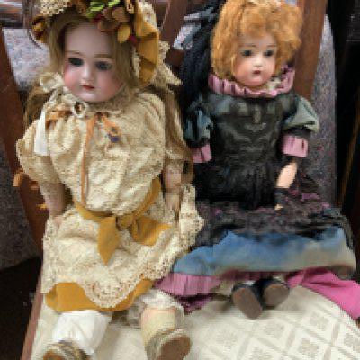 2 Good Victorian porcelain a dolls with lace outfits and accessories, each approximately 46cm