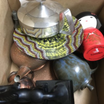 A collection of assorted items including a Kimmidoll Tomiko, copperware etc