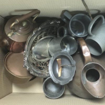 A collection of silver plate, pewter, tankards, copper ware. Postage category C