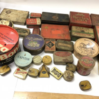 A large collection of various tins including Oxo cubes british navy cut etc