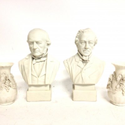 A collection of Parian ware porcelain including busts of William Gladston, Benjamin Disraeli and miniatures vases. 9 to 17cm No obvious damage or restoration. This lot cannot be posted. NO RESERVE