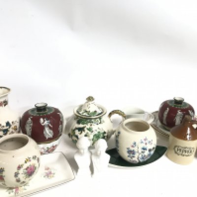 A Collection of ceramics including Sadler vases, Masons ironstone vases, Poole bisque busts, Royal Devon vase etc. Together with a collection of plates, including Royal Doulton. This lot cannot be posted- NO RESERVE