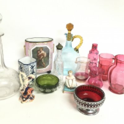 A collection of ceramics including Victorian cranberry glass, a decanter, a late 19th century figure etc. This lot cannot be posted. NO RESERVE