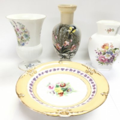 A Victorian hand painted vase with two other vases, two claret jugs and a dish. NO RESERVE