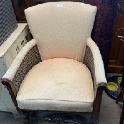 A small 1930s oak framed pink upholstered Berger style tub chair. NO RESERVE