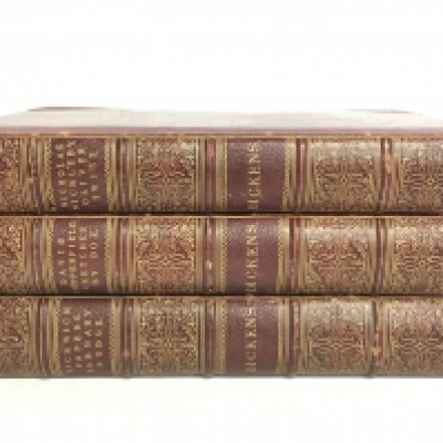 Three half leather Charles dickens books with illustrations including Nicholas Nickleby Oliver Twist, David Copperfield, Sketches by Boz, Pickwick Papers. Barney Rudge. Postage category C. NO RESERVE