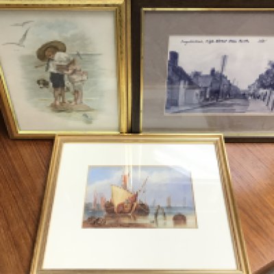 Framed pictures including a vintage photograph of Ingatestone high street, a watercolour of a sail ship, a Lithograph Print of a boy and a girl as the seaside. This lot cannot be posted. NO RESERVE