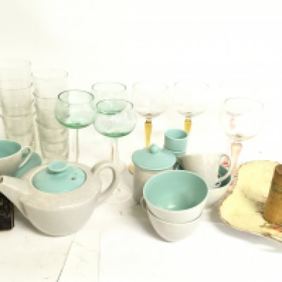 A collection of glasses including Poole cups, saucers. Coloured art glass. This lot cannot be posted- NO RESERVE