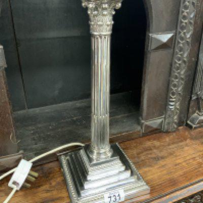 A large Silver plated Corinthian column candlestick, 36cm.