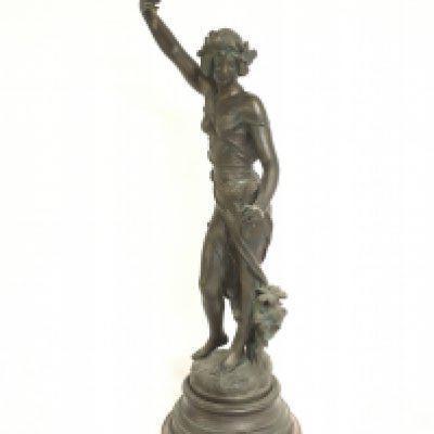 A large Art Nouveau bronze lady figure, Pervenche. 71cm tall. This lot cannot be posted