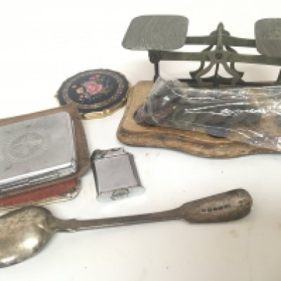 A silver spoon London 1821 hallmarks ladies compacts and postal scales.