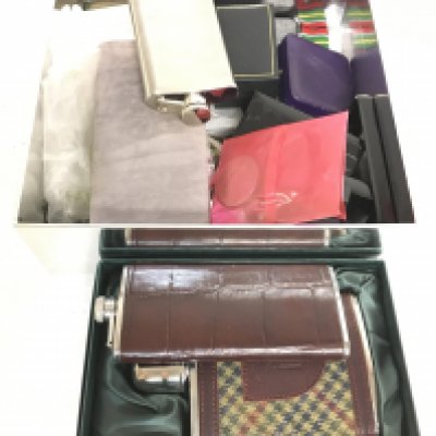 A collection of cufflinks, pin badges, flasks, various British coins. Postage category C