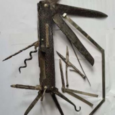 An Extremely rare and interesting 19th Century circa 1860 multi blade folding knife the multi purpose knife owned by the 19th Century esteemed fly fishermen G W Soltau and JT Soltau owned 1882. Knife length 15.5cm sold with two books including Trout Flies a discussion and Dictionary by ACourtney Williams and a leather bound book Trout flies of Devon by GW Soltau.