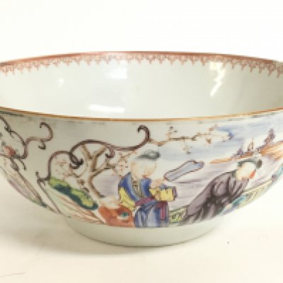 A mid 18th century Chinese export Famille Rose bowl, some hairline cracks, chip as seen on the rim. Diameter of 23cm. This lot cannot be posted