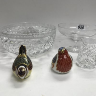 Isle of wight glass vase with royal crown derby birds and cut glass vases and bowls.