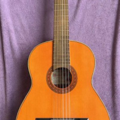 A Spanish made Vincente Sanchis Classical Guitar 1/2 size student instrument. Good overall condition.