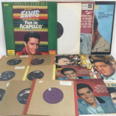 A box of Elvis Presley LPs, 7" singles, EPs, DVDs etc including a purple HMV label, incomplete EP collection, pink vinyl '40 Greatest', picture discs etc.