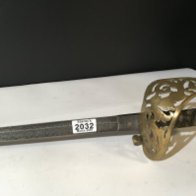 A rare Victorian 1857 pattern Engineers officers sword with a brass elaborate scroll basket engraved blade no scabbard.