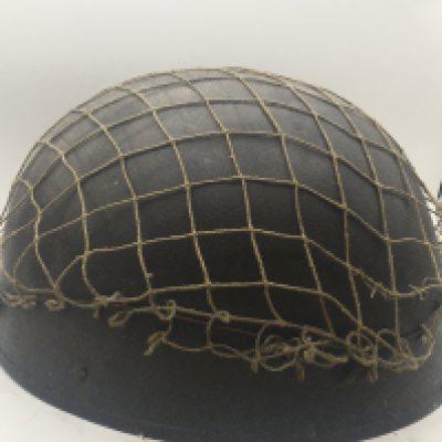 A British Military tank crew helmet with applied netting interior head guard lining circa 1944.