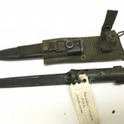 An Argentinian Falklands war relic bayonet Templex the blade with serial number and green woven fabric frog.