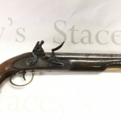 A flintlock pistol with a steel barrel by Clark of London , fair condition. Total length approximately 36.5cm, barrel approximately 23cm long.