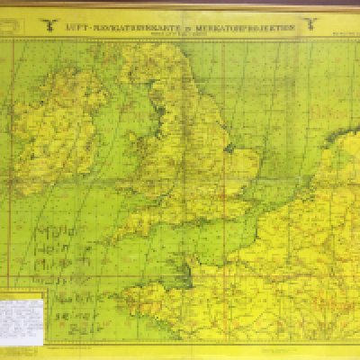 A framed and glazed double sided WW2 Luftwaffe bomber crew flight map depicting England and Western Europe on one side, Germany on the other. Includes crew names added in pencil. Approx 77cm x 68cm. Shipping category D.