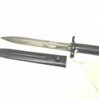 A Swedish 1890 pattern Mauser bayonet. Makers stamp to the blade matching serial numbers on the scabbard and blade.