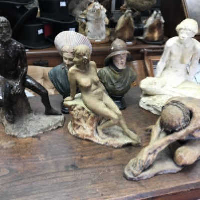 3 studio pottery sculptures each with the initials M.E.B together with a pair of Victorian terracotta busts, 1 fibreglass figure of a seated nude man. (D)