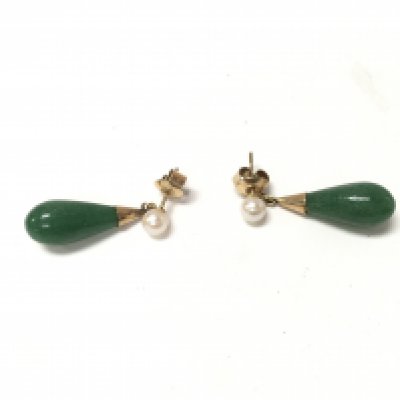 A pair of 14ct gold jade and pearl earrings.