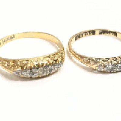 Two 18 carat gold rings set with diamond shards, 5.4g. Size L & N. Postage category A