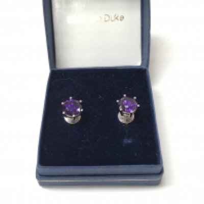 A pair of 18ct white gold amethyst set earrings.