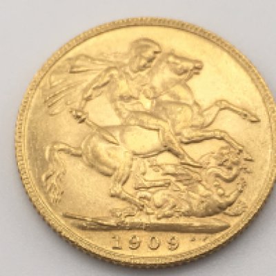 A 1909 full sovereign with Perth mint mark. Postage cat A.