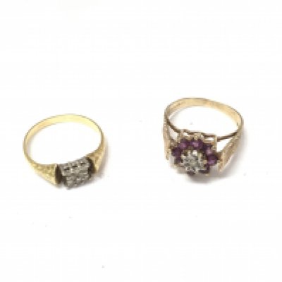One 9ct gold ring and another unmarked ring set with diamonds.