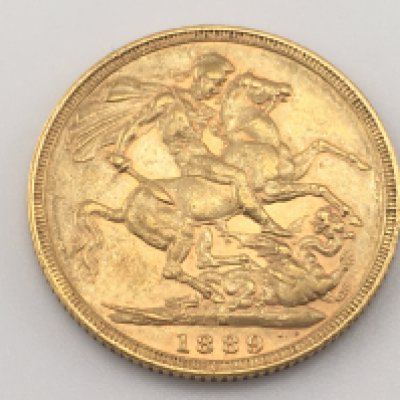 An 1889 full sovereign with Melbourne mint mark. Postage cat A.