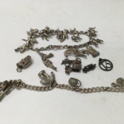 Two silver charm bracelets and a small collection of loose charms.