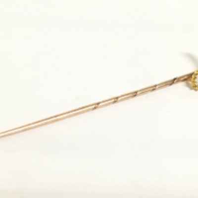A gold opal and pearl stick pin , 1.1g. Postage category a