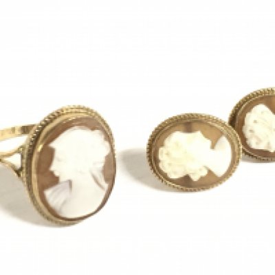 A 9ct gold cameo ring (size P) and earrings. 4.8g total weight. Postage category A