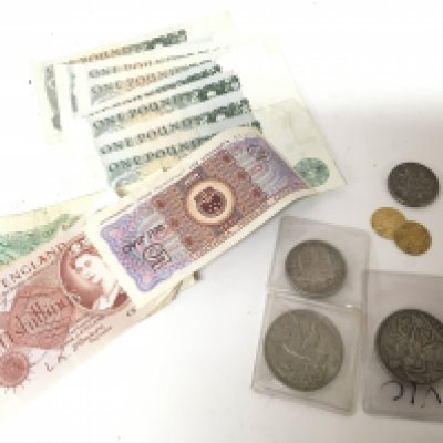 Two gold coins with Kufic script weight 3g A Victorian 1896 crown A George V 1935 Crown a collection of old one pound notes George V half crown and 1935 Florin.