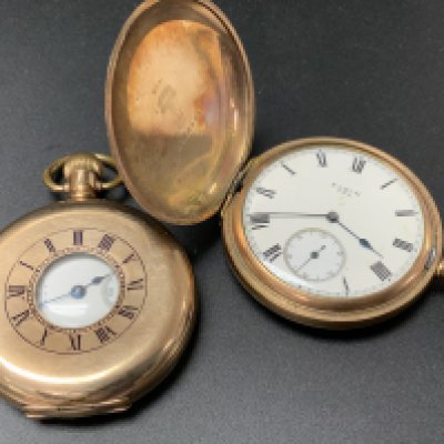 2 vintage gold plated pocket watches. (A) Elgin full hunter pocket watch. Waltham Half hunter pocket watch.