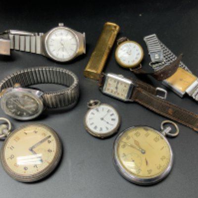 A mixed collection of vintage watches together with a Vintage Dunhill lighter, 2 military issue pocket watches etc. (B)
