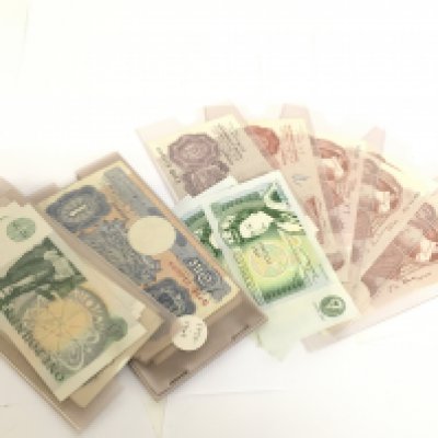 A collection of British banknotes including one pound notes, 5 pound notes & ten shilling notes some being consecutive. Postage category A