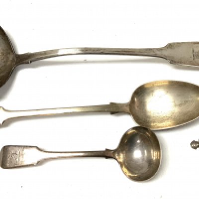 A large hallmarked silver ladel with marks for London 1843, Samuel Hayne & Dudley Cater, Hallmarked silver basting spoon, small silver ladel, Georgian silver tripod footed salt, Silver napkin ring. (B)