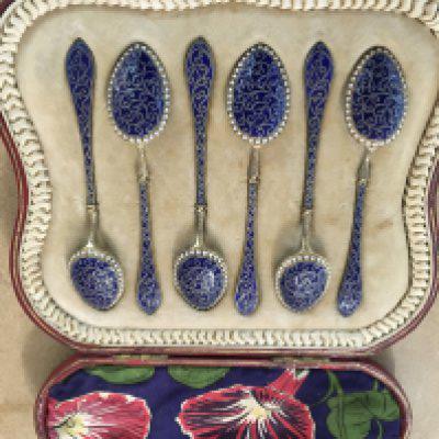 A cased set of six Norwegian enamel spoons