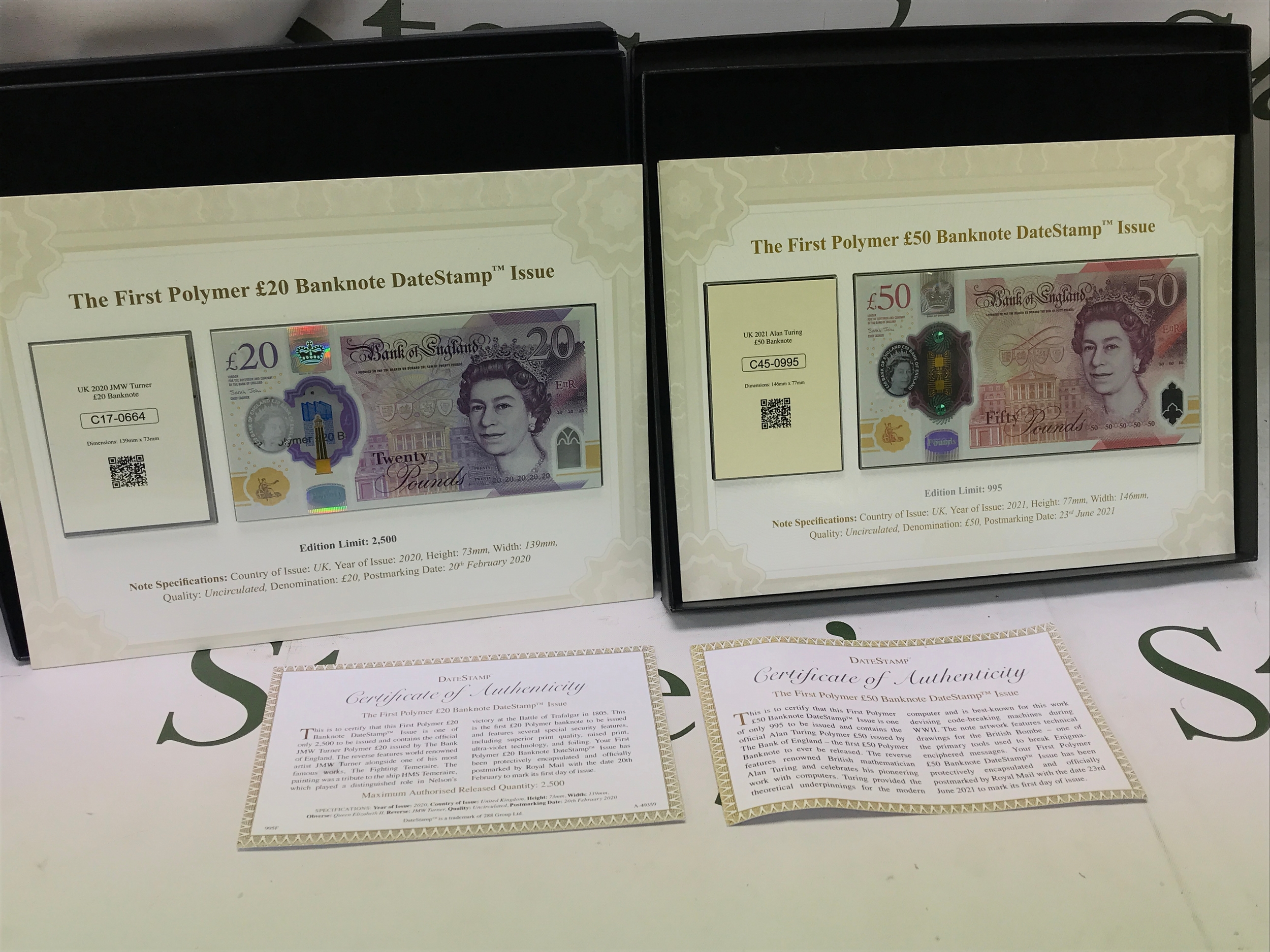 Two first polymer banknotes £20/£50. Edition limit 2500 and 995 with certificates