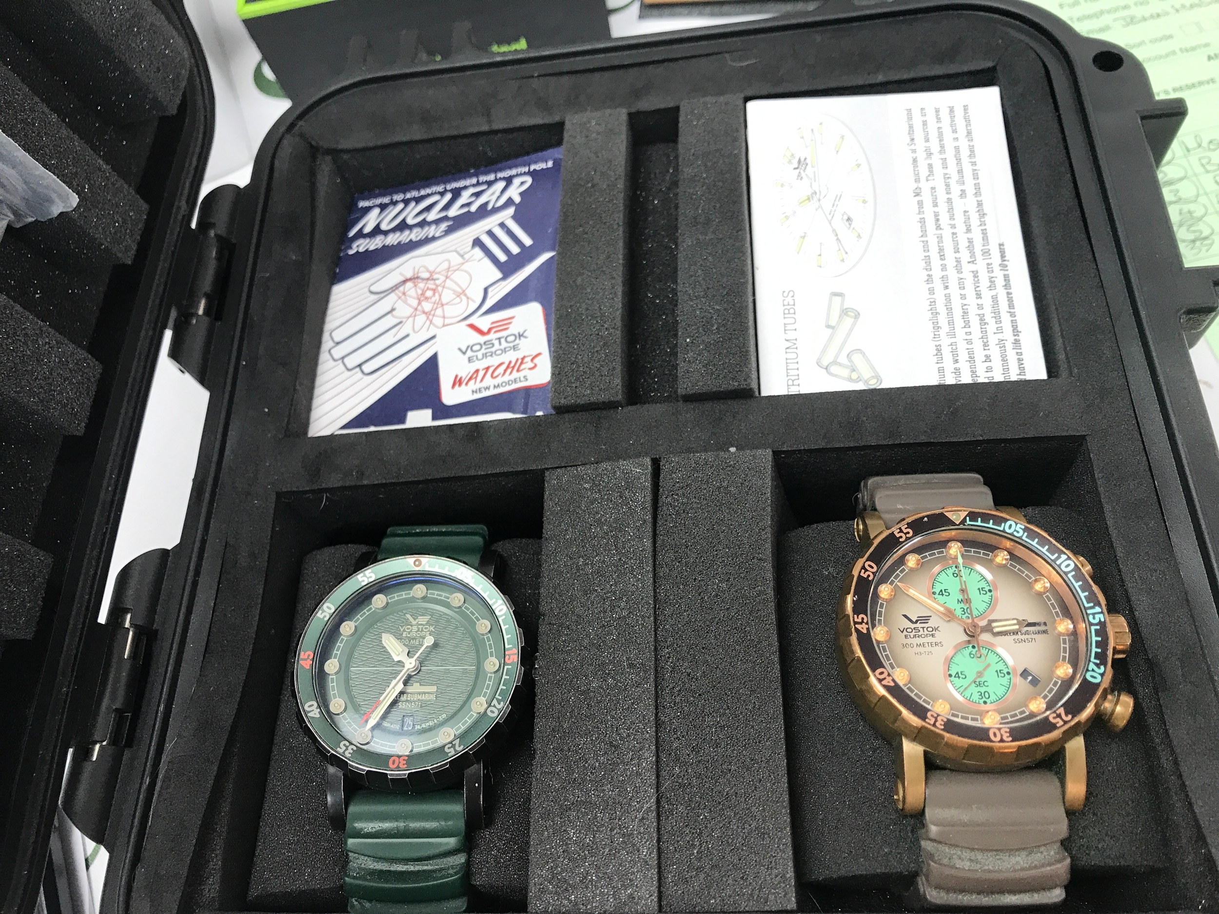 Two Vostok Nuclear Submarine SSN571 watches, cased. Seen working 