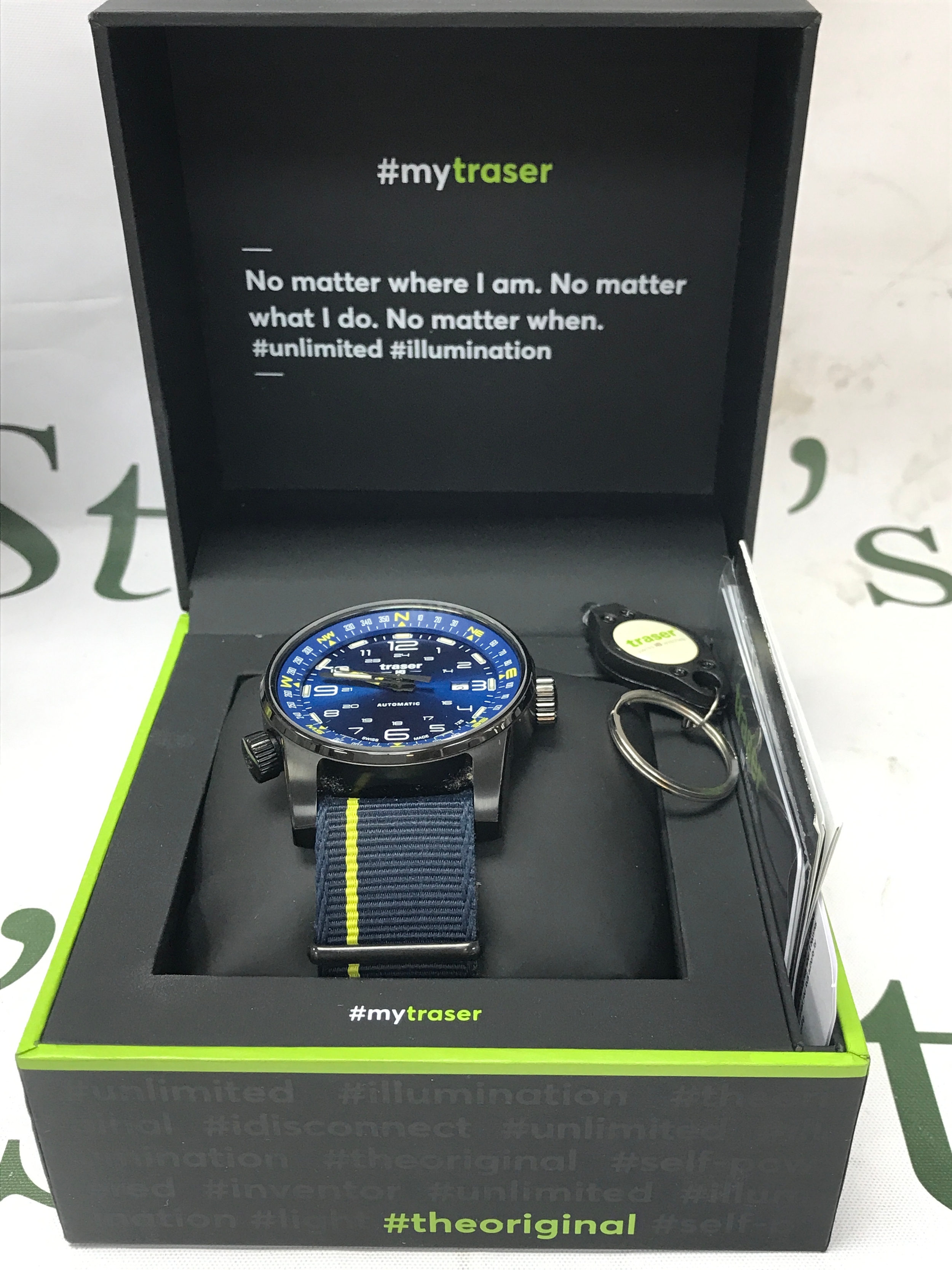 A boxed Traser automatic watch, seen working 
